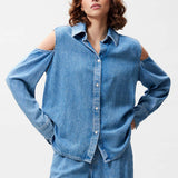 Open shoulder denim blouse
