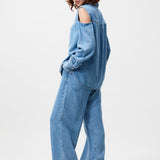 Open shoulder denim blouse