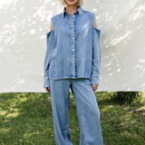 Open shoulder denim blouse