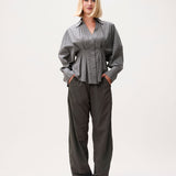 Check blouse with waist pleats
